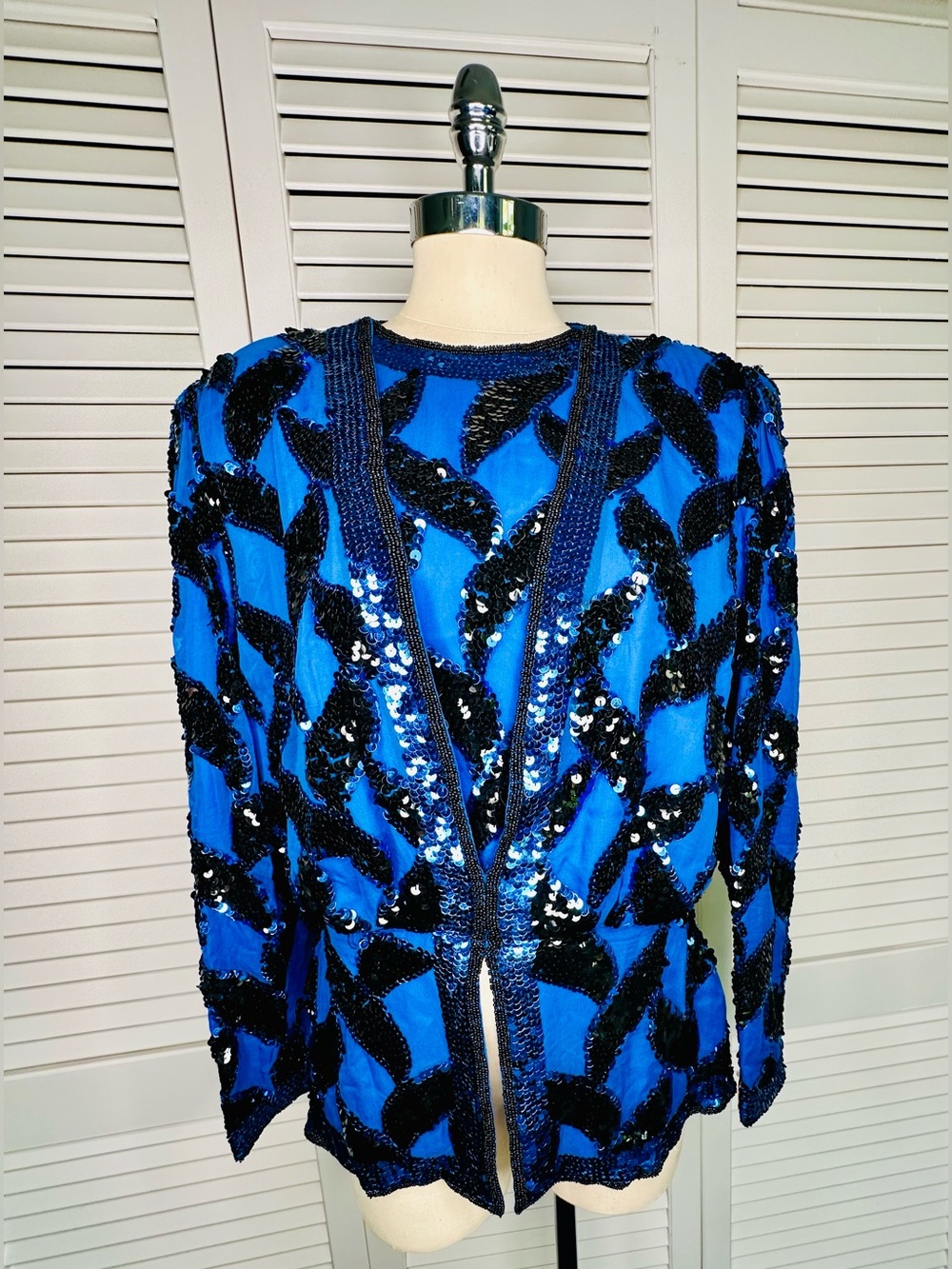 Vintage 1980s Oleg Cassini Fully Sequined Silk Evening Blouse Jacket Top Medium
